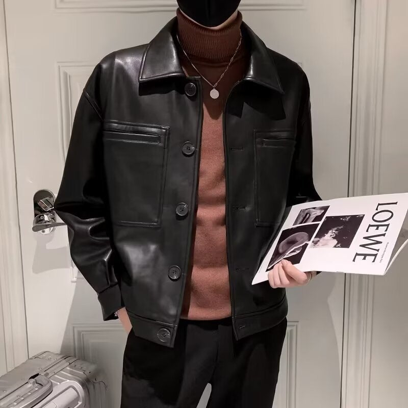 Herren Boxy Overshirt aus Lederoptik mit Hemdkragen und aufgesetzten Brusttaschen Shop Nory