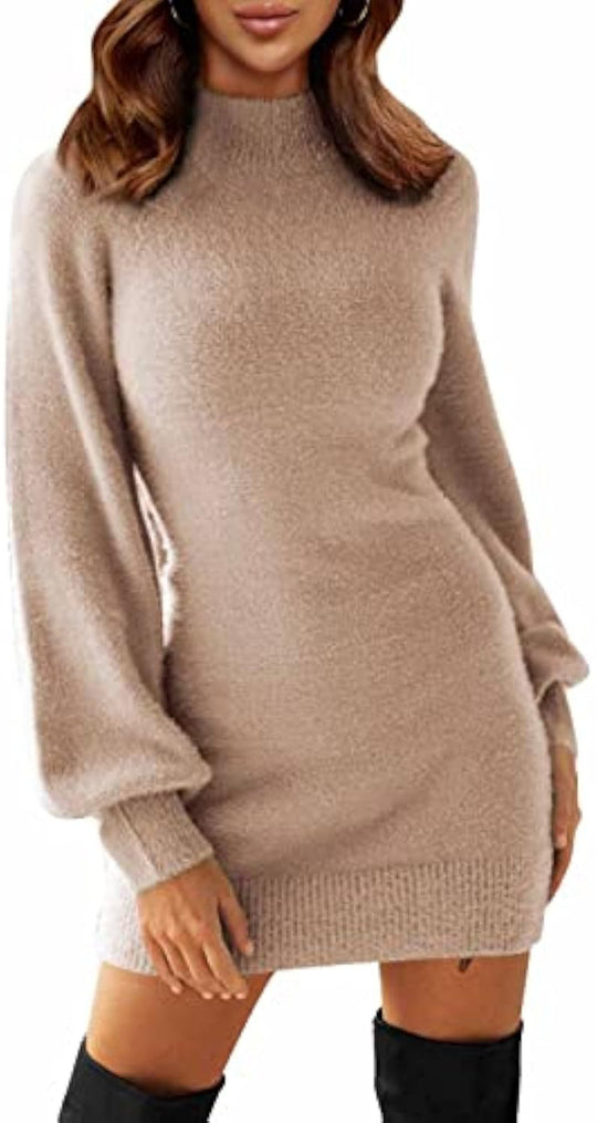 Damen Tailliertes Teddy-Strick-Minikleid mit Stehkragen und Ballonärmeln Shop Nory