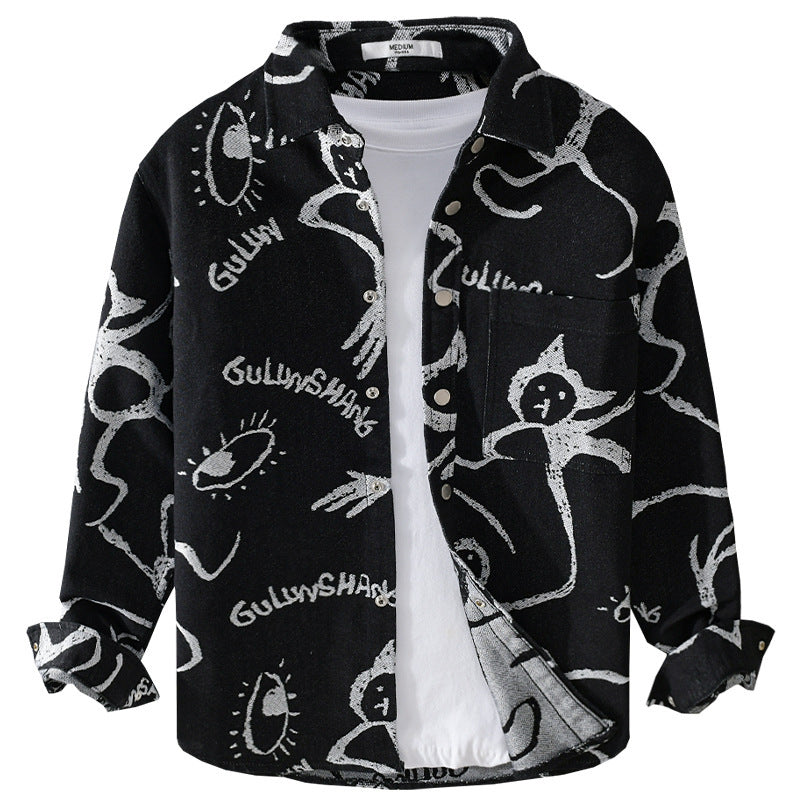 Herren Overshirt mit grafischem Doodle‑Print, Druckknopfverschluss und Brusttasche Shop Nory