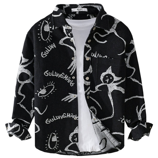 Herren Overshirt mit grafischem Doodle‑Print, Druckknopfverschluss und Brusttasche Shop Nory