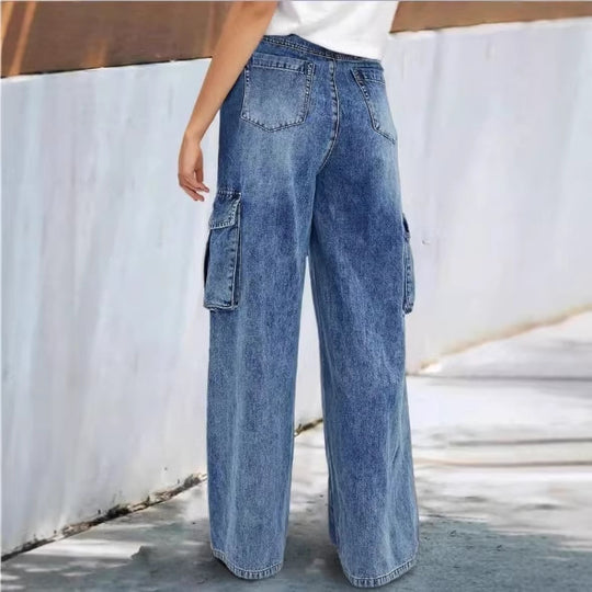 Damen hochtaillierte weite Cargo-Denimhose im Palazzo‑Stil mit aufgesetzten Seitentaschen Shop Nory