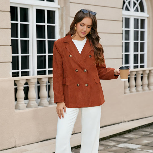 Damen Langer Cord-Blazer im Doppelreiher mit Reverskragen und Pattentaschen Shop Nory