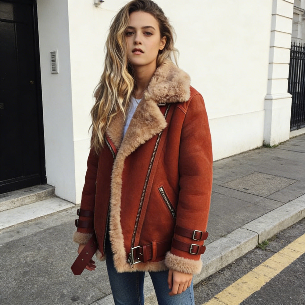 Damen nan flauschige Bikerjacke mit Teddyfutter und Schnallenbesatz Shop Nory