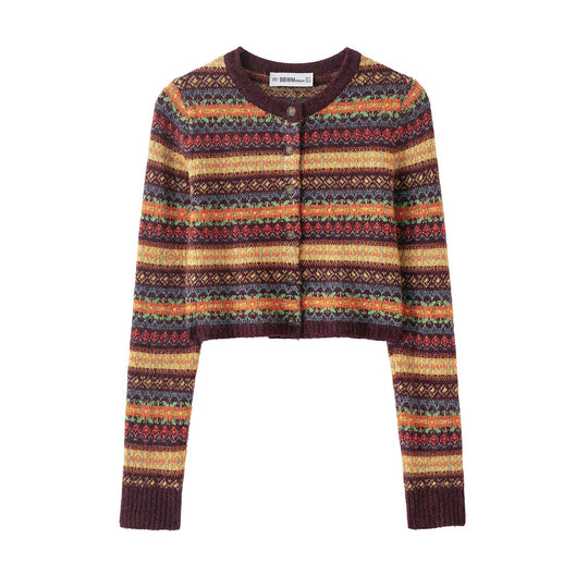 Damen Kurzgeschnittene Fair-Isle Strickjacke mit Rundhalsausschnitt und Knopfleiste Shop Nory