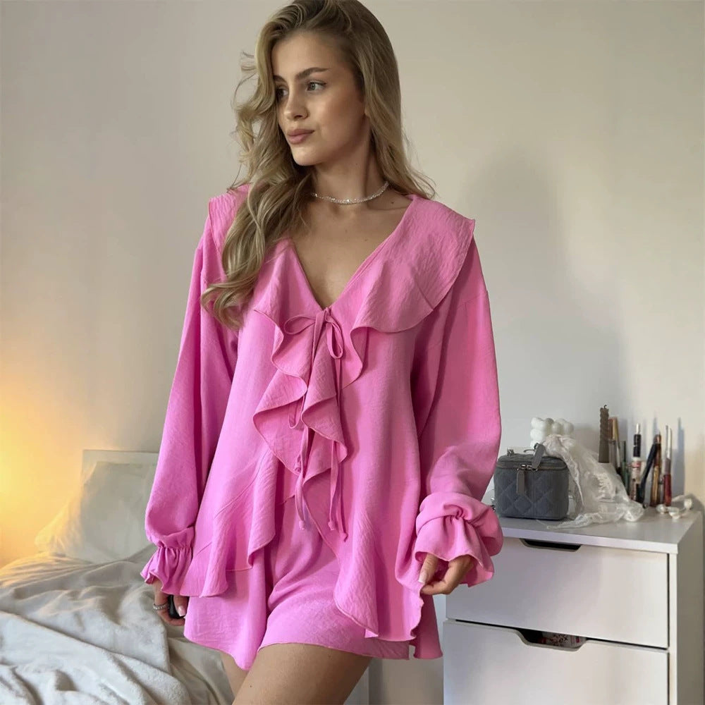 Damen Verspieltes Rüschenset aus leichter Crêpe-Qualität mit Bindebluse und A-Linien Minirock Shop Nory