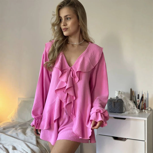Damen Verspieltes Rüschenset aus leichter Crêpe-Qualität mit Bindebluse und A-Linien Minirock Shop Nory