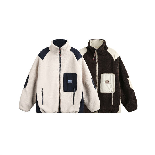 Unisex Oversize Teddy‑Fleecejacke mit Kontrast-Nylonbesätzen und Stehkragen Shop Nory