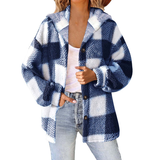 Damen nan kuschelige karierte Teddyjacke mit Kapuze, Knopfverschluss und oversized Schnitt Shop Nory