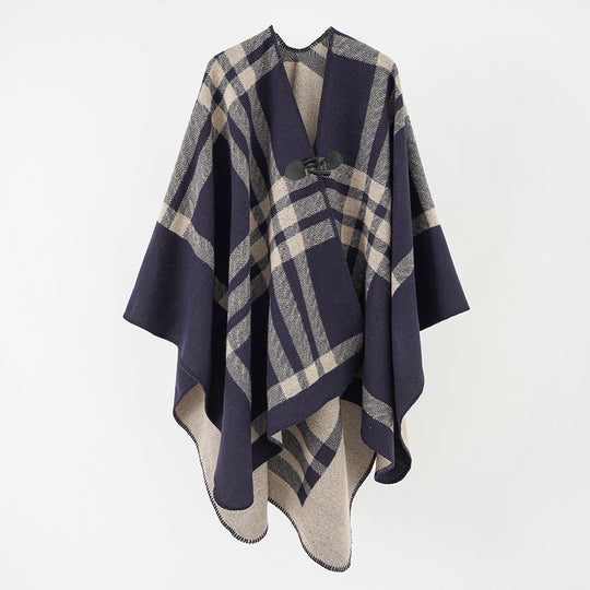 Damen Reversibler Wollmix-Poncho mit Knebelverschluss und Karomuster Shop Nory