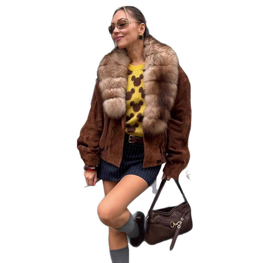 Damen Wildleder-Bomberjacke mit voluminösem Pelzschal und elastischem Saum Shop Nory