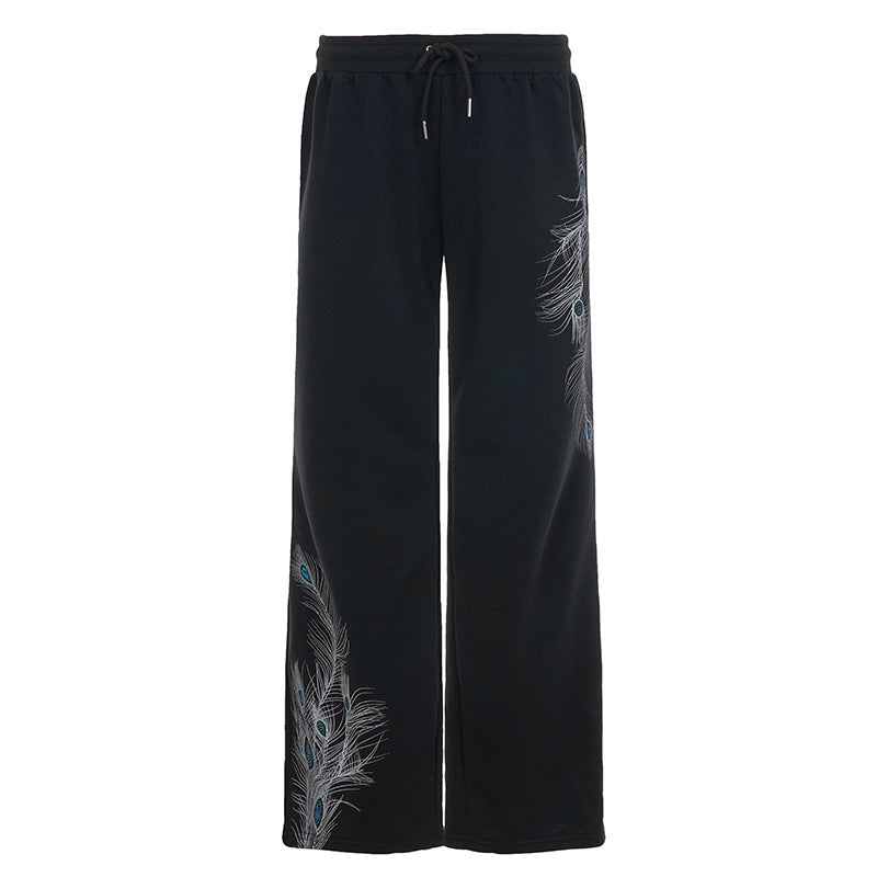 Damen nan weite Loungehose mit Kordelzug, hohem Komfortbund und Pfauenfeder-Print Shop Nory