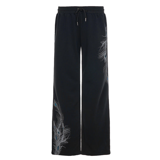 Damen nan weite Loungehose mit Kordelzug, hohem Komfortbund und Pfauenfeder-Print Shop Nory
