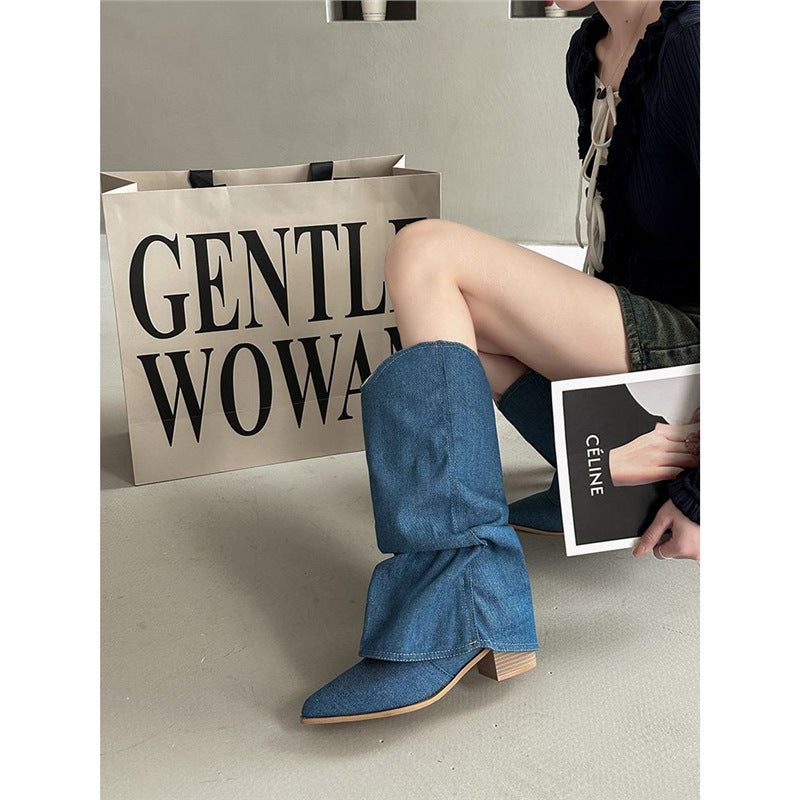 Damen Mid‑Calf Slouch‑Boots aus Denim mit spitzer Zehenpartie und mittelhohem Blockabsatz Shop Nory