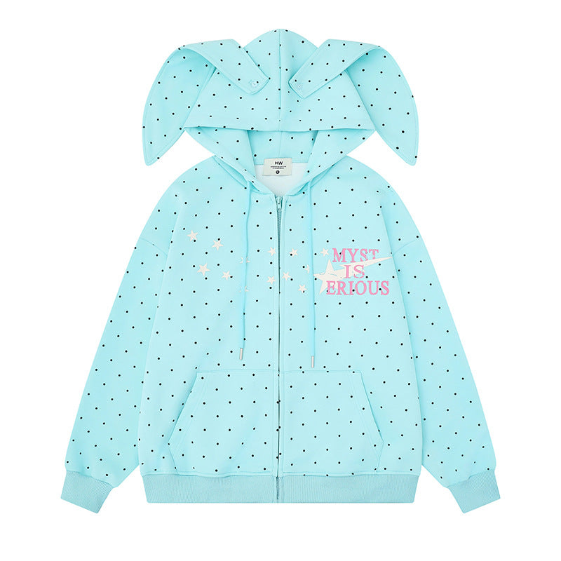 Damen Kapuzenjacke mit Hasenohren, Allover-Pünktchen und durchgehendem Reißverschluss Shop Nory