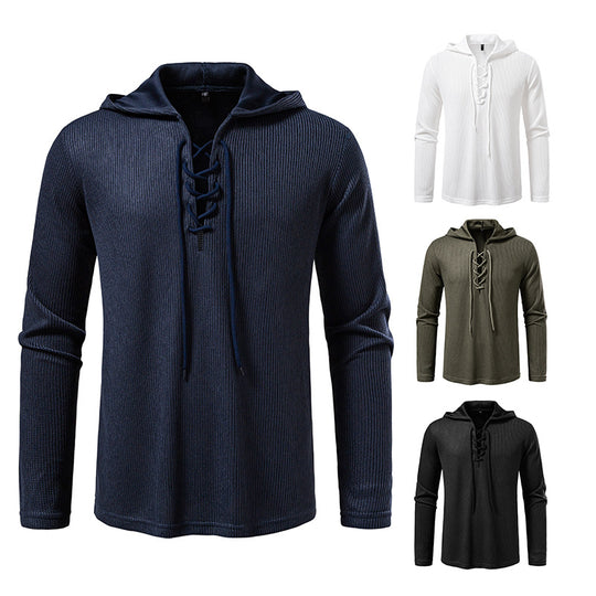 Herren Waffelstrick-Kapuzenpullover mit Schnürkragen und geradem Saum Shop Nory