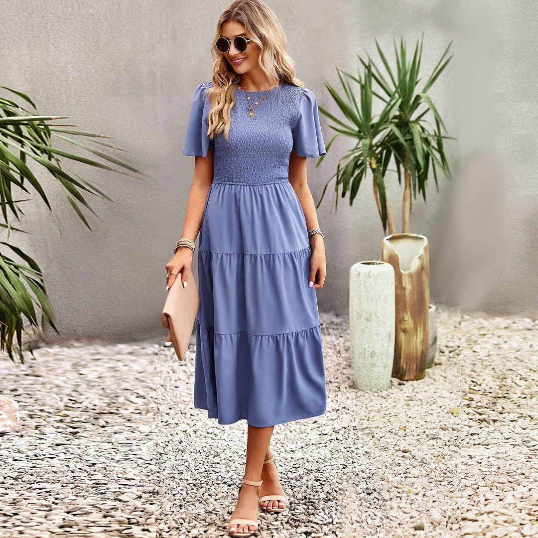 Damen Midikleid mit schwingendem Rüschensaum und elastischem Oberteil Shopnory