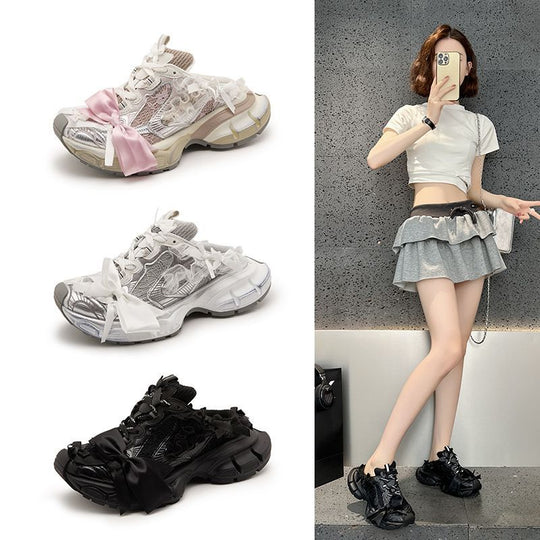 Damen Chunky-Sneaker-Mule mit Satin‑Schleife und Spitzenapplikation Shop Nory