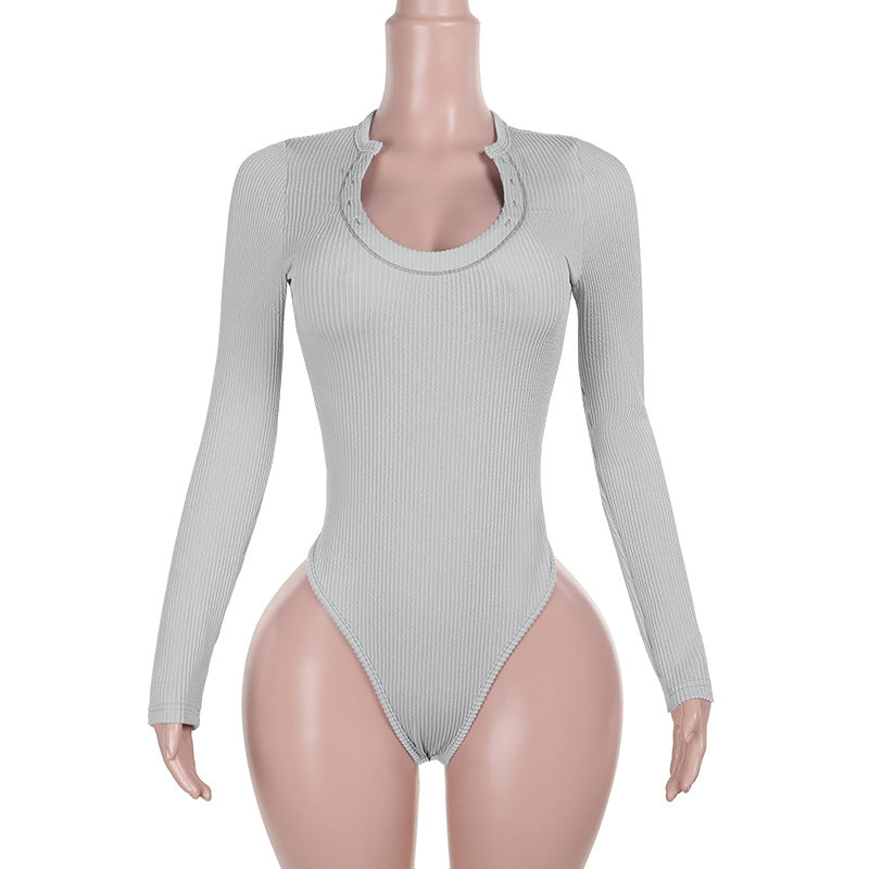 Damen Figurbetonter Rippshirt-Body mit langen Ärmeln und hohem Beinschnitt Shop Nory
