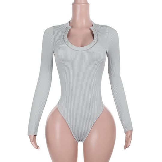 Damen Figurbetonter Rippshirt-Body mit langen Ärmeln und hohem Beinschnitt Shop Nory
