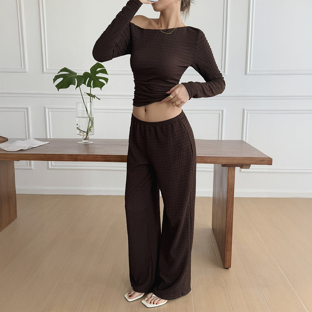Damen nan legeres Crinkle-Lounge-Set mit Off-Shoulder Crop-Top und weiten High-Waist Palazzohose Shop Nory