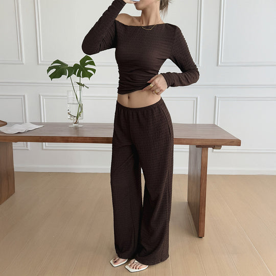 Damen nan legeres Crinkle-Lounge-Set mit Off-Shoulder Crop-Top und weiten High-Waist Palazzohose Shop Nory