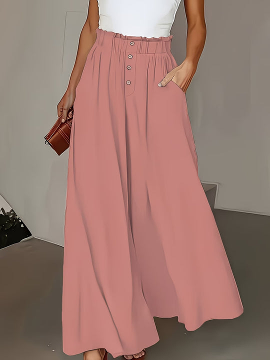 Damen weite Leinenhose mit hohem, gerafftem Bund und Knopfverzierung Shop Nory