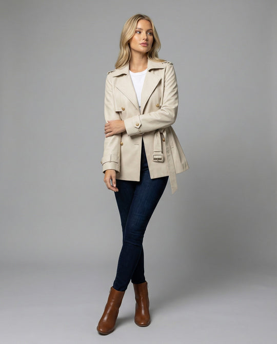 Damen übergangsjacke damen taillierter kurzer Trenchcoat mit Gürtel und doppelreihiger Knopfleiste