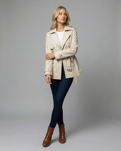 Damen übergangsjacke damen taillierter kurzer Trenchcoat mit Gürtel und doppelreihiger Knopfleiste