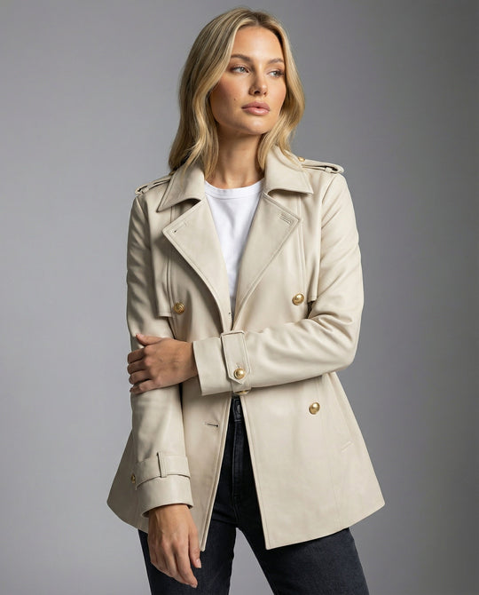 Damen übergangsjacke damen taillierter kurzer Trenchcoat mit Gürtel und doppelreihiger Knopfleiste