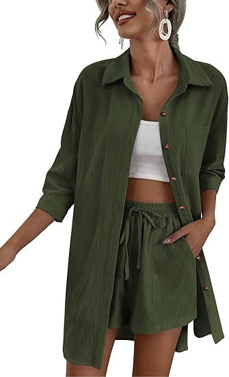 Damen Leichtes Longline-Hemdjacken-Set mit elastischer High-Waist-Shorts Shop Nory