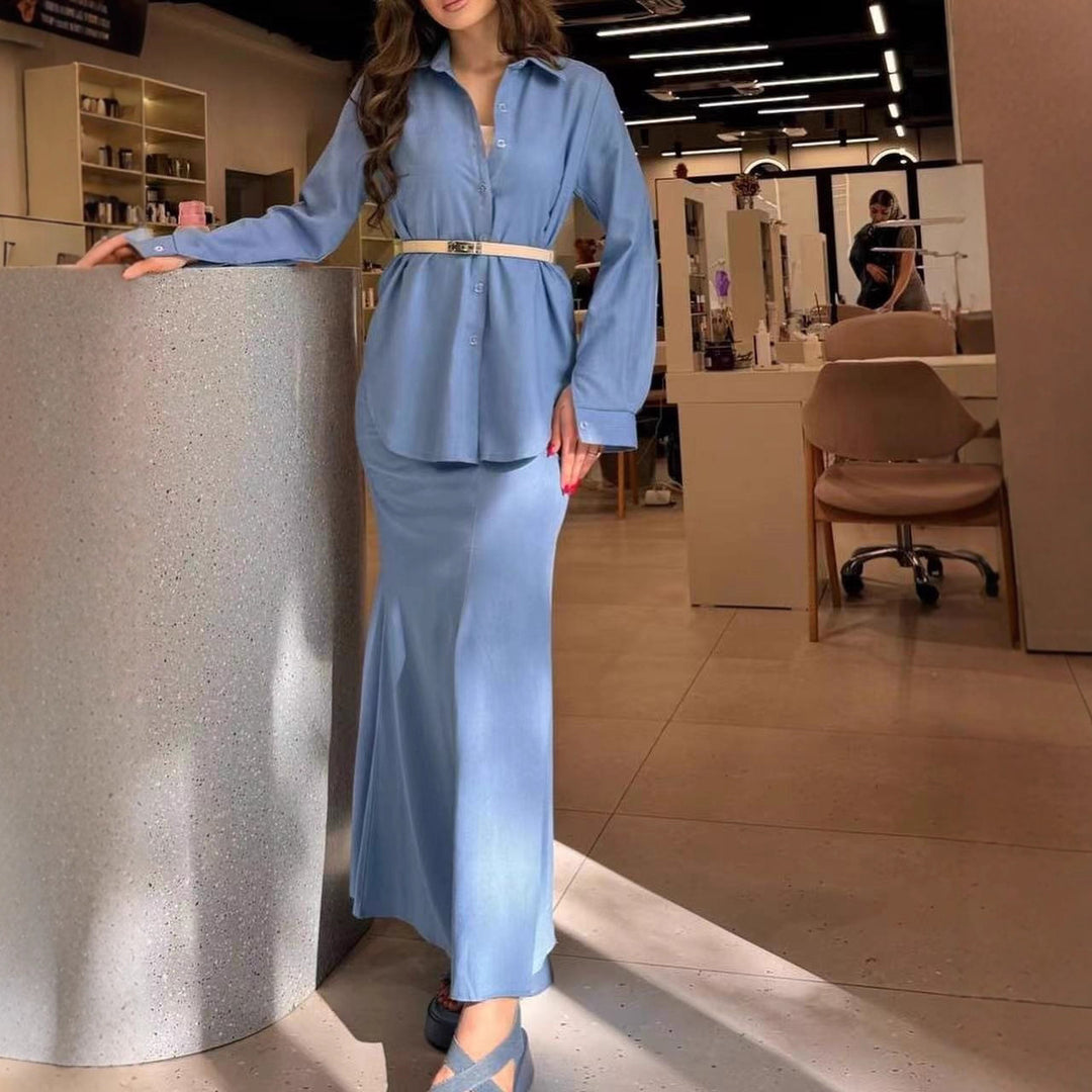 Damen Zweiteiliges Set Schlauchmaxirock mit ausgestelltem Saum und Oversize-Hemd Shop Nory
