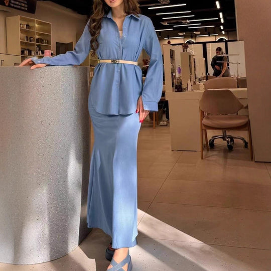 Damen Zweiteiliges Set Schlauchmaxirock mit ausgestelltem Saum und Oversize-Hemd Shop Nory