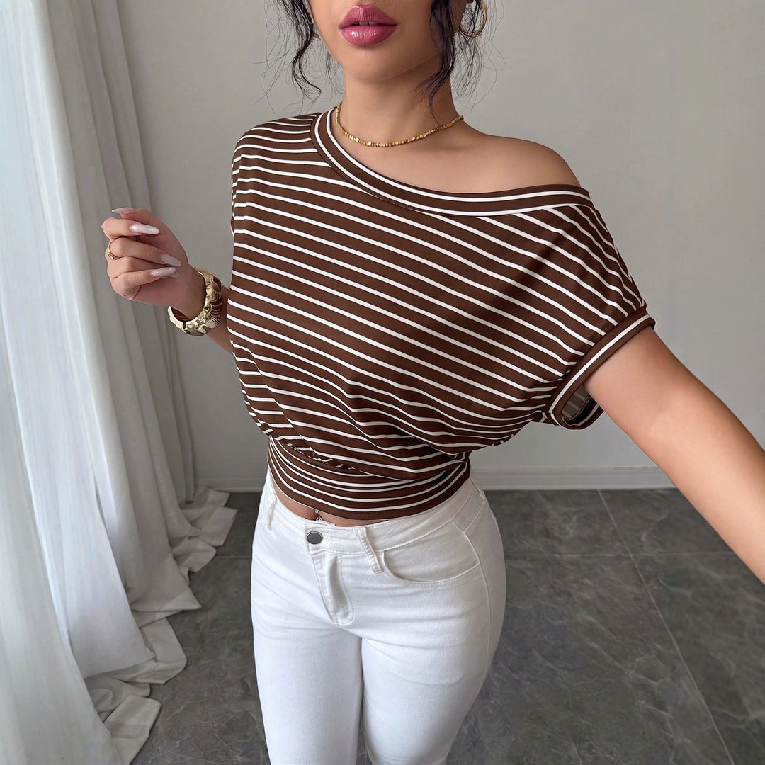Damen Gestreiftes Off-Shoulder Cropped Shirt mit tailliertem Bund Shop Nory