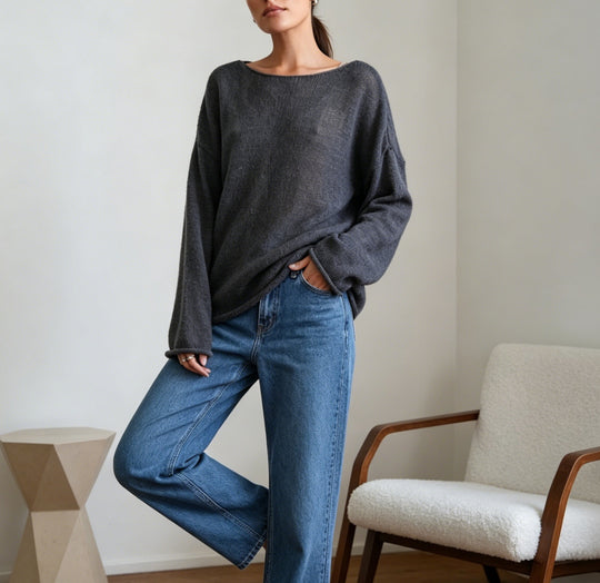 Damen luftiger Oversize-Feinstrickpullover mit weitem Arm und Rundhalsausschnitt Shop Nory