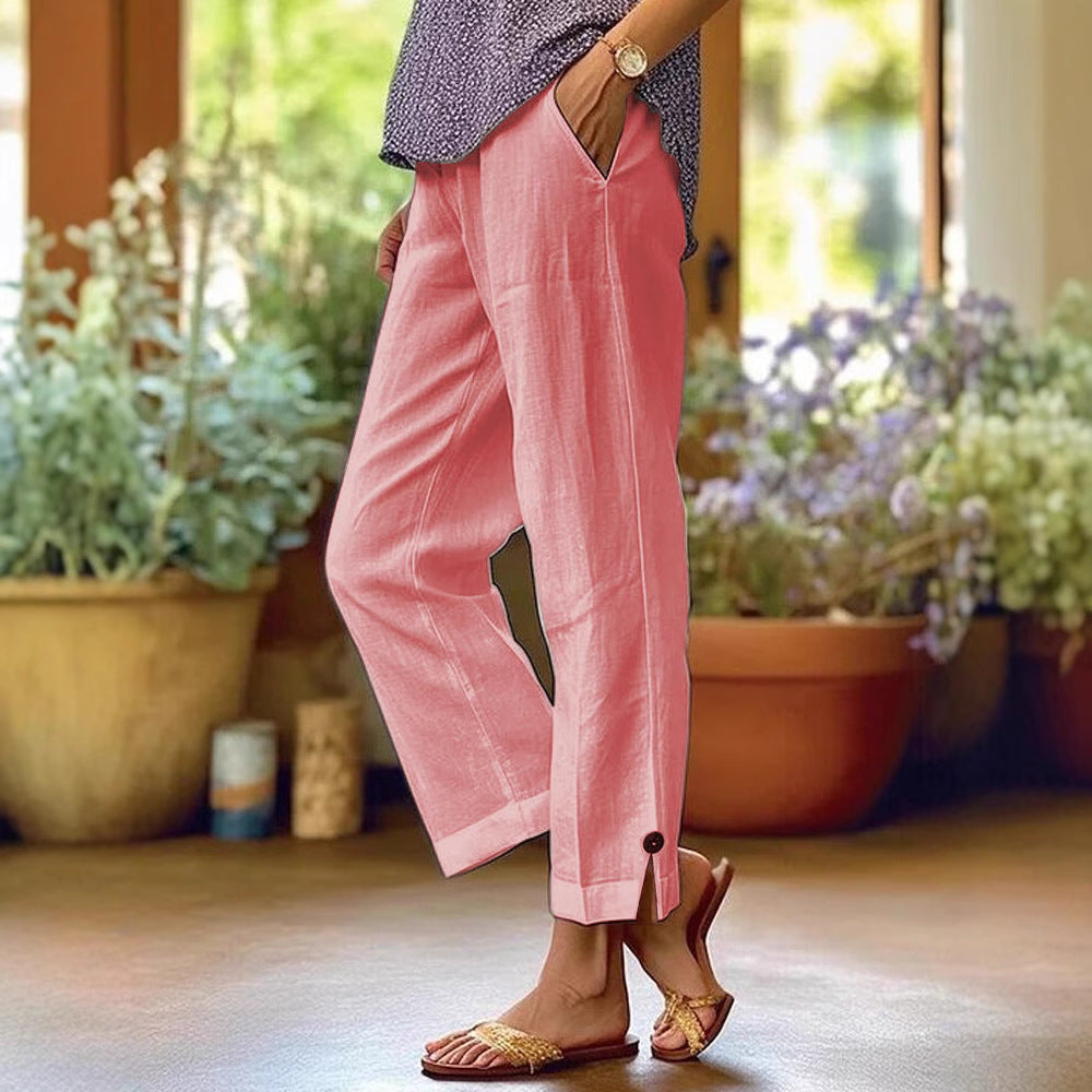 Damen Leinenhose mit lockerer, knöchellanger Passform, seitlichen Eingrifftaschen und Zierknopf-Details Shop Nory