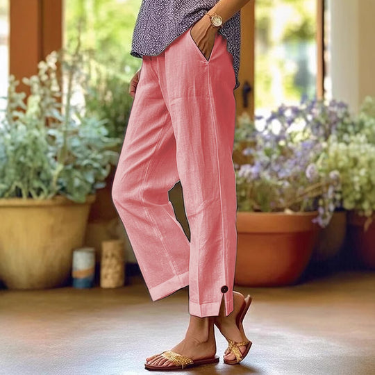 Damen Leinenhose mit lockerer, knöchellanger Passform, seitlichen Eingrifftaschen und Zierknopf-Details Shop Nory