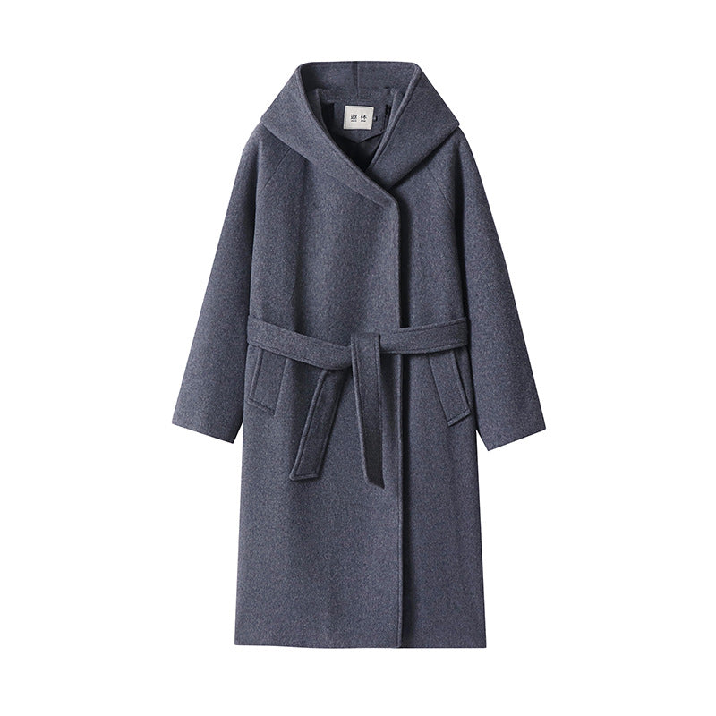 Damen Maxi-Mantel mit überzogener Kapuze, Bindegürtel und minimalistischer Wollmix‑Silhouette Shop Nory