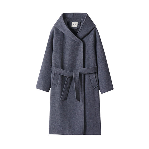 Damen Maxi-Mantel mit überzogener Kapuze, Bindegürtel und minimalistischer Wollmix‑Silhouette Shop Nory