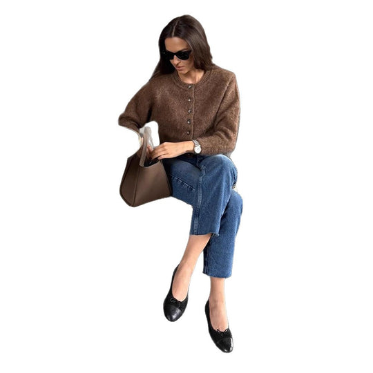 Damen Flauschiger Cropped-Cardigan aus Mohair-Mix mit Perlmuttknopfleiste Shop Nory