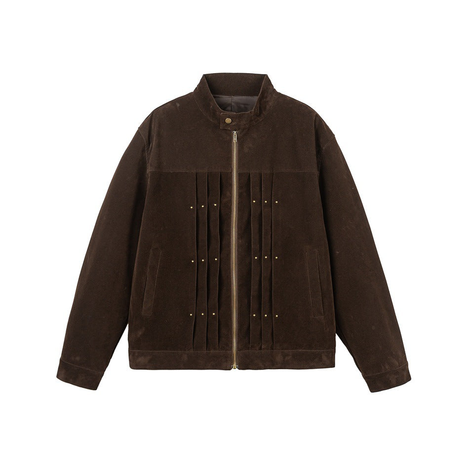 Herren Veloursleder-Optik Blousonjacke mit Faltenpasse und Nieten-Detail Shop Nory