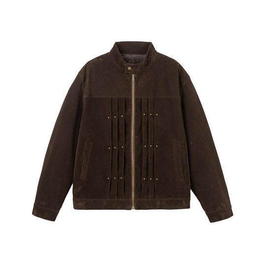 Herren Veloursleder-Optik Blousonjacke mit Faltenpasse und Nieten-Detail Shop Nory