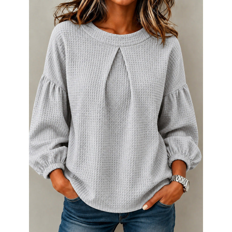Damen Lockeres Waffelstrick-Sweatshirt mit Vorderfalte und Ballonärmeln Shop Nory