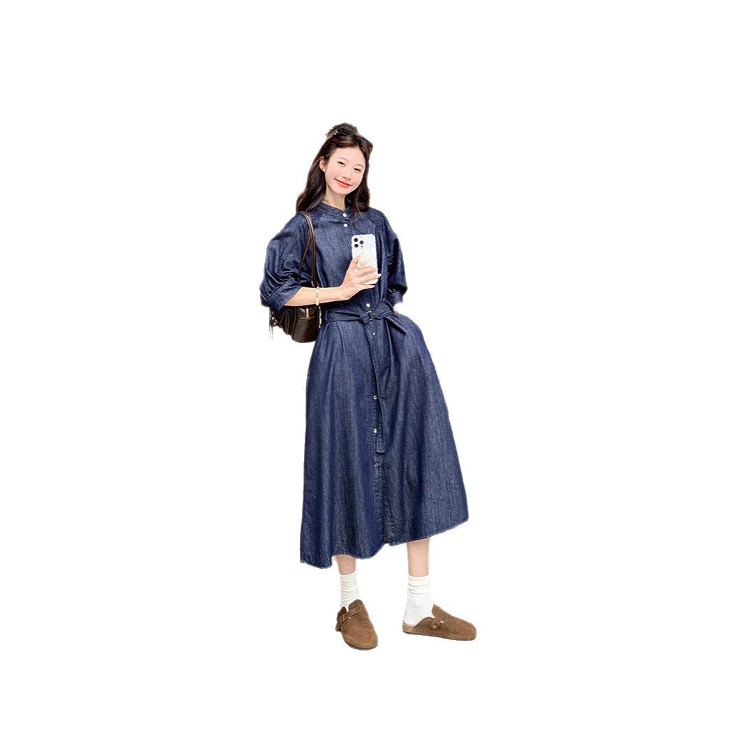 Damen Jeans-Midikleid mit durchgehender Knopfleiste, Taillengürtel und 3/4-Ärmeln Shop Nory
