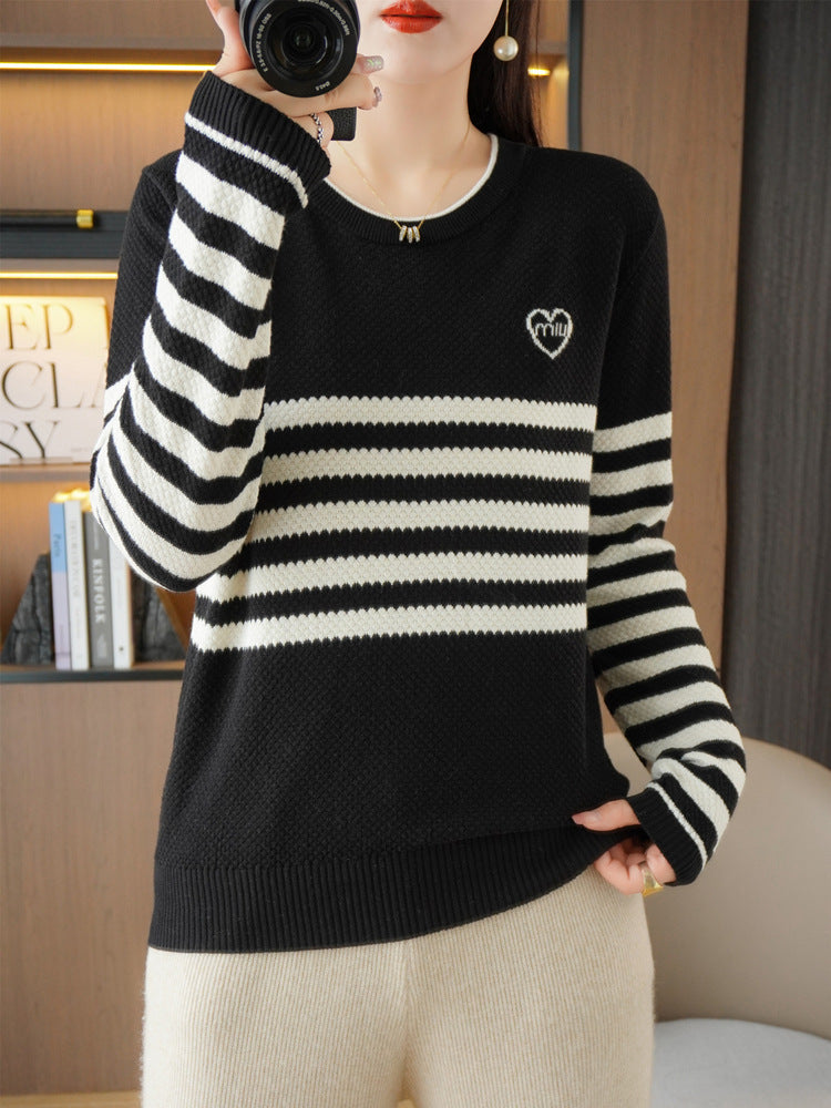 Damen Oversize-Strickpullover mit Wabenstruktur, kontrastierenden Streifen und dezentem Herzlogo Shop Nory