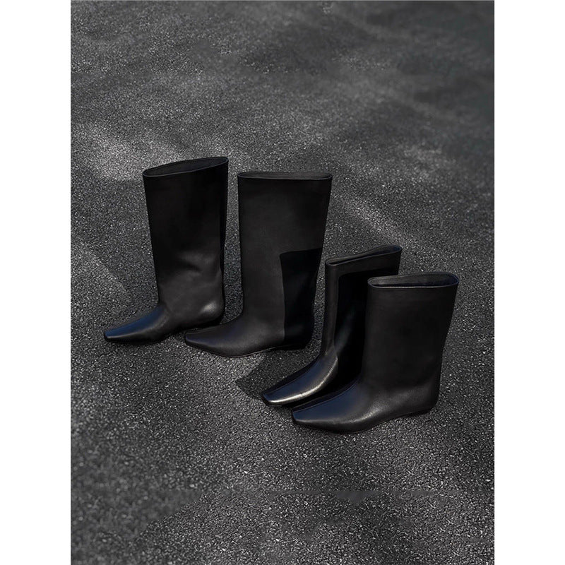 Damen kniehohe Slouch‑Lederstiefel mit quadratischer Zehenform und flachem Absatz Shop Nory