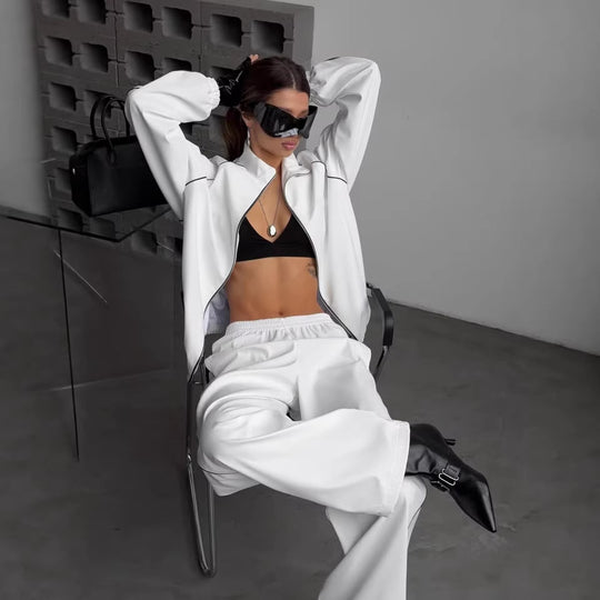 Damen Zweiteiliges Loungewear-Set mit Stehkragen-Zipjacke und weiter Bundfaltenhose Shop Nory