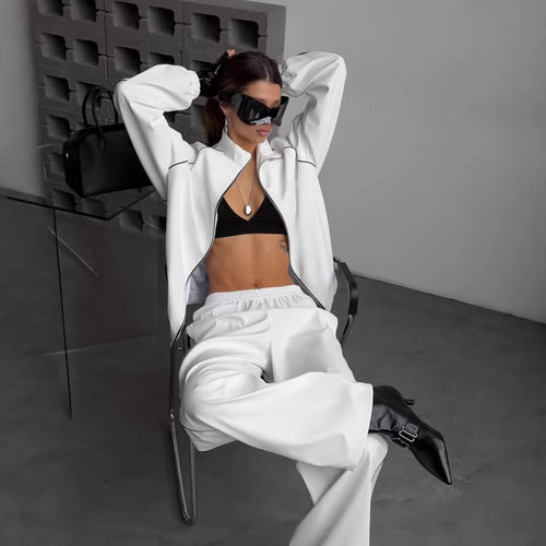 Damen Zweiteiliges Loungewear-Set mit Stehkragen-Zipjacke und weiter Bundfaltenhose Shop Nory