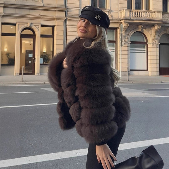 Damen Kurzer Plüsch-Boxy Kunstpelz-Blouson mit gestuften Volumenbahnen Shop Nory