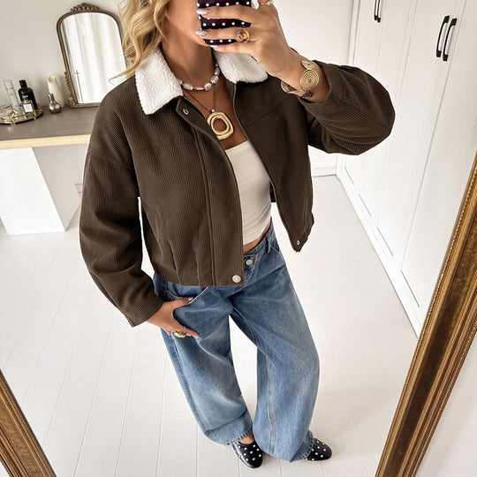 Damen Modische Cordjacke mit Fleecekragen Shop Nory