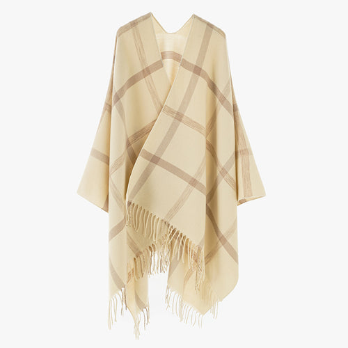 Damen Wollmix‑Überwurfponcho mit großem Karomuster und Fransensaum Shop Nory